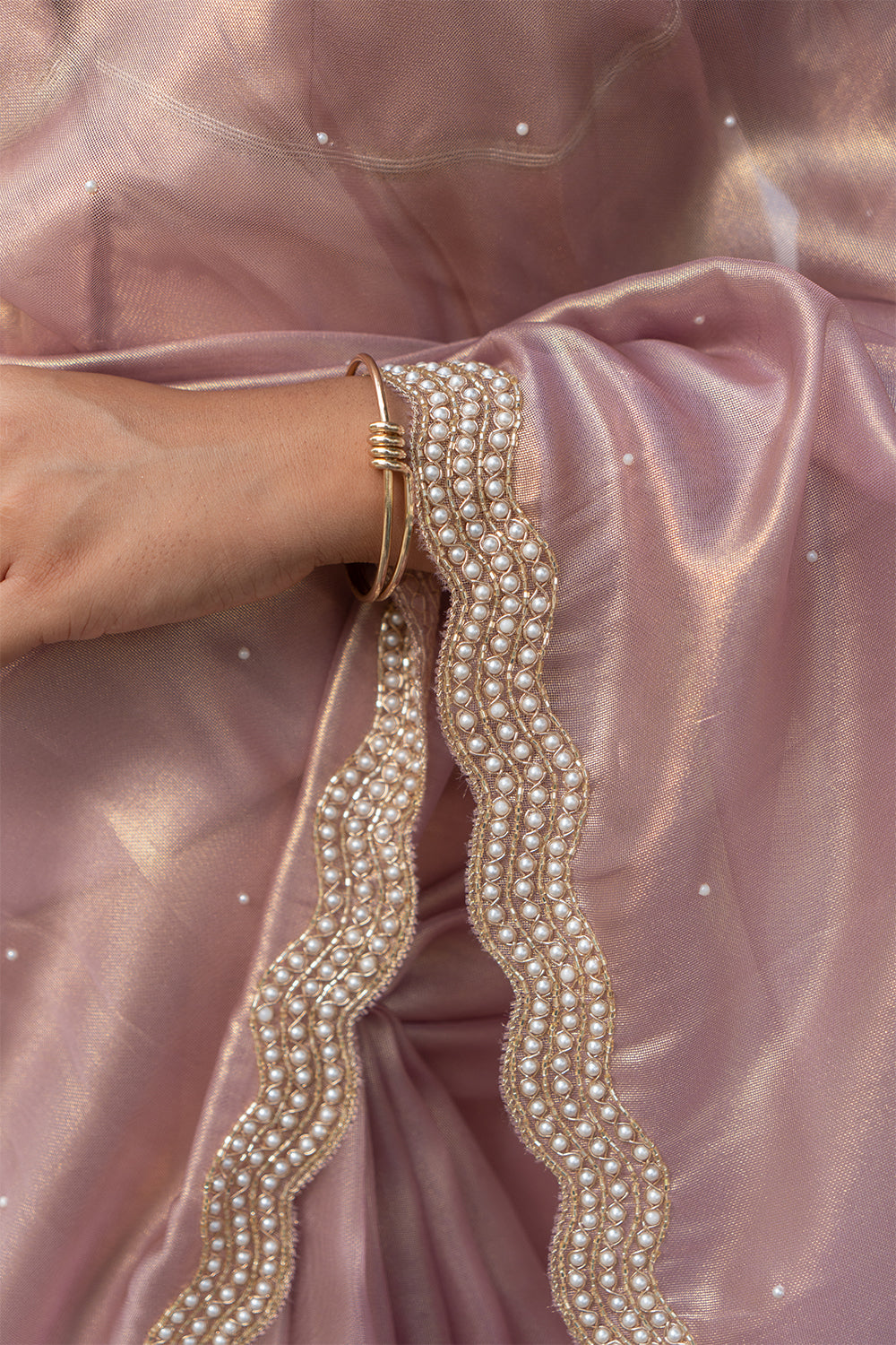 Rose Gold Shimmer Organza Saree with Pearl and Sequin Work