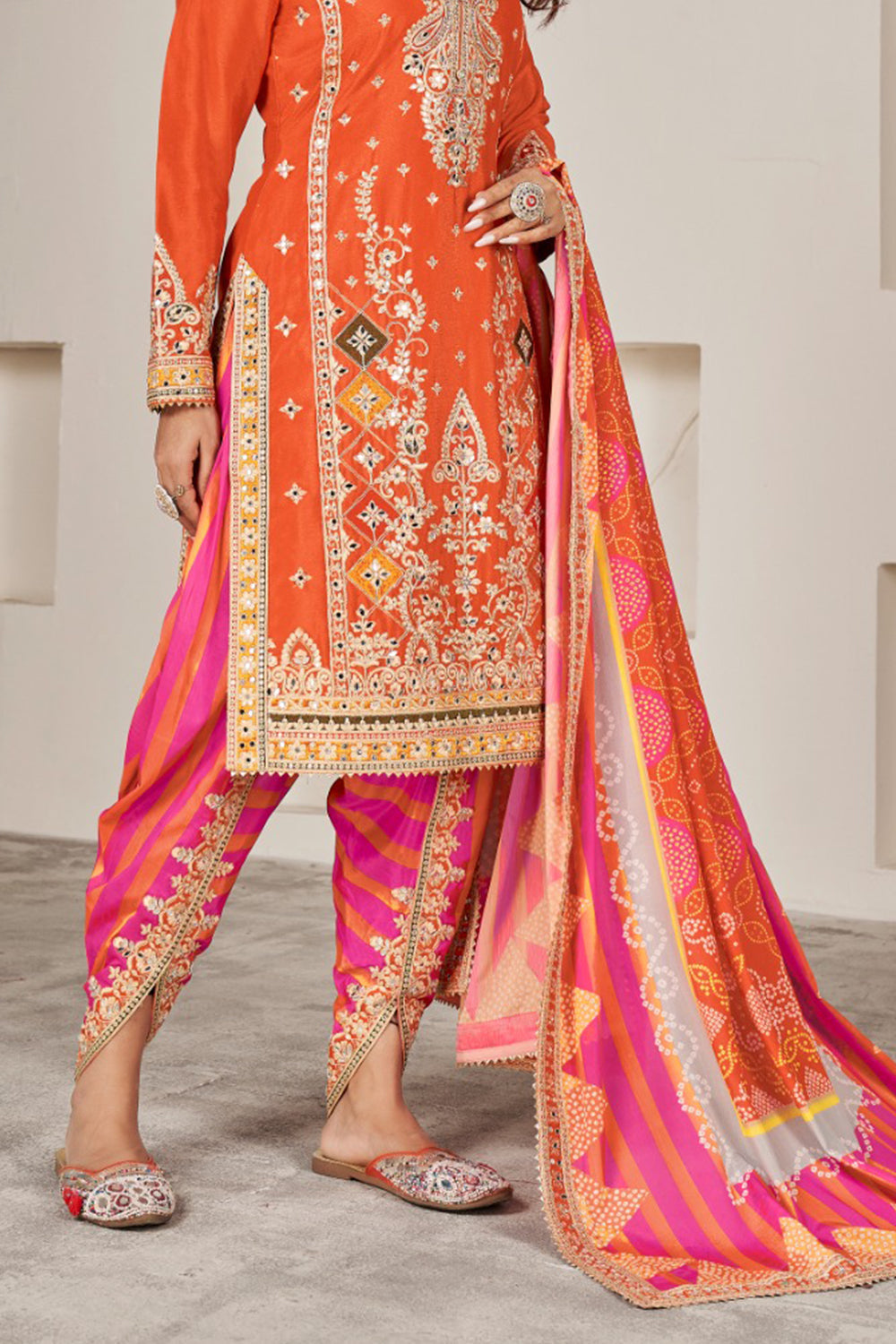 Orange Silk Suit with Zari Embroidery with Designer Dhoti Pant & Dupatta