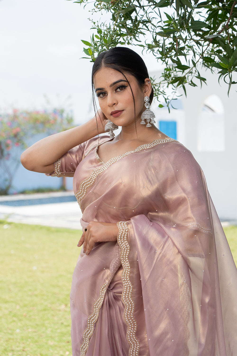 Rose Gold Shimmer Organza Saree with Pearl and Sequin Work