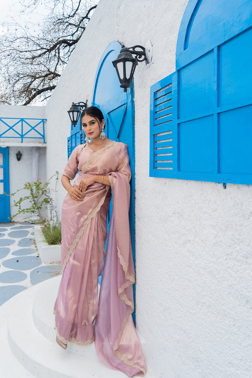 Rose Gold Shimmer Organza Saree with Pearl and Sequin Work