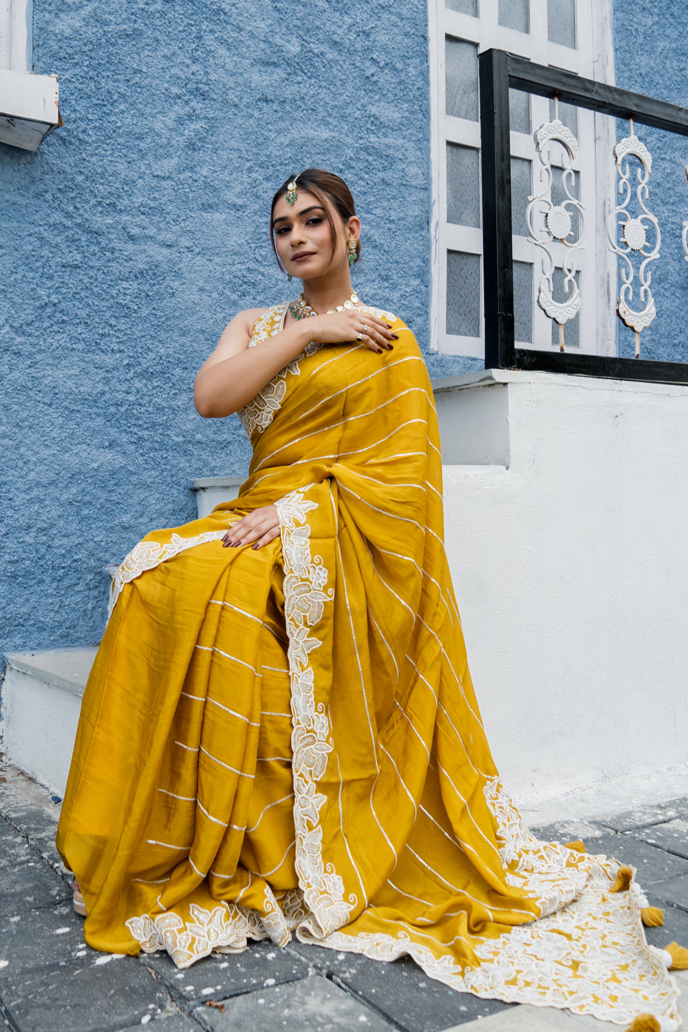 Two Blouse Concept – Marigold Yellow Designer Georgette Saree with White and Silver Embroidery