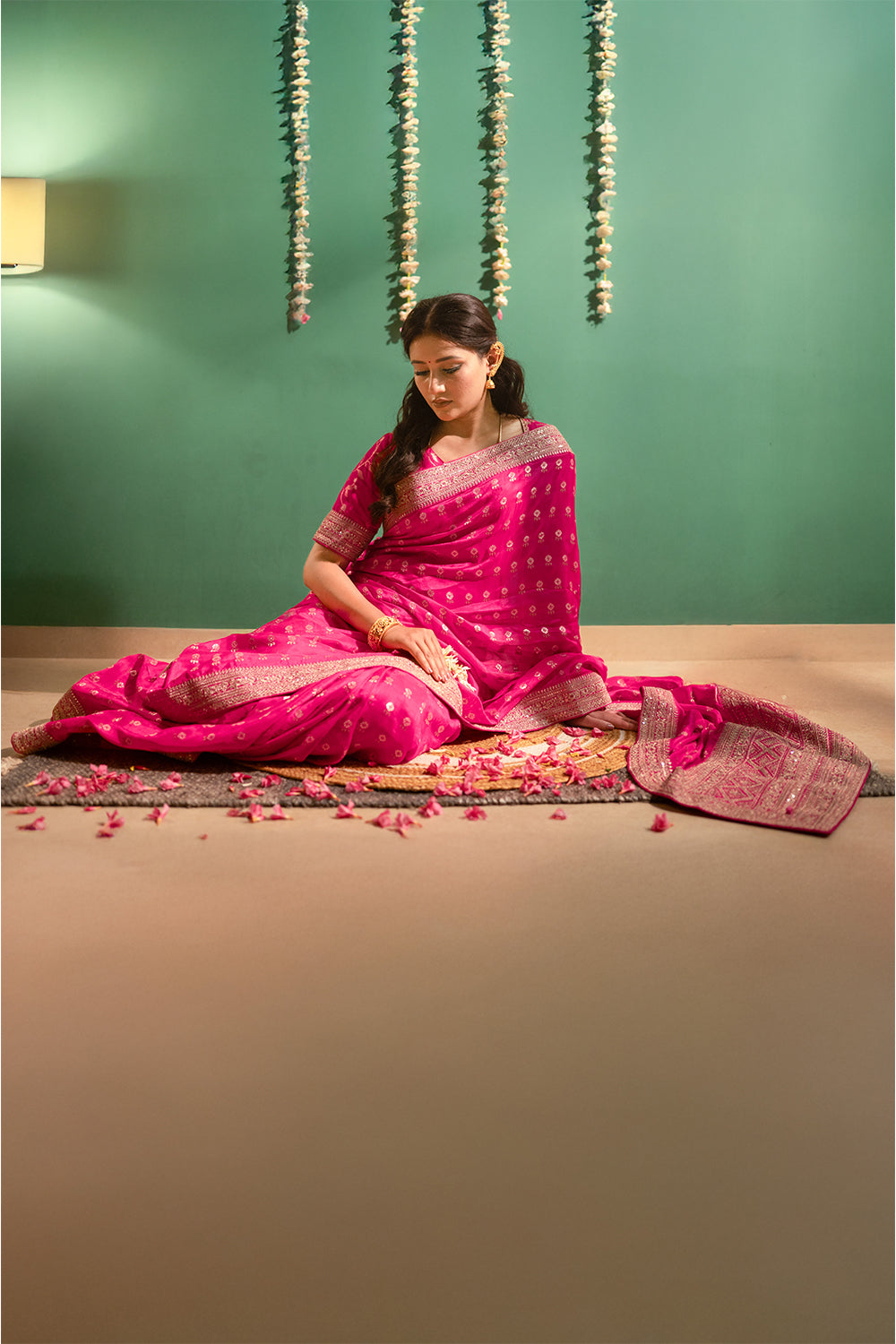 Fushcia Rani Pink Silk Saree with Golden Buti Work and Rich Zari Border