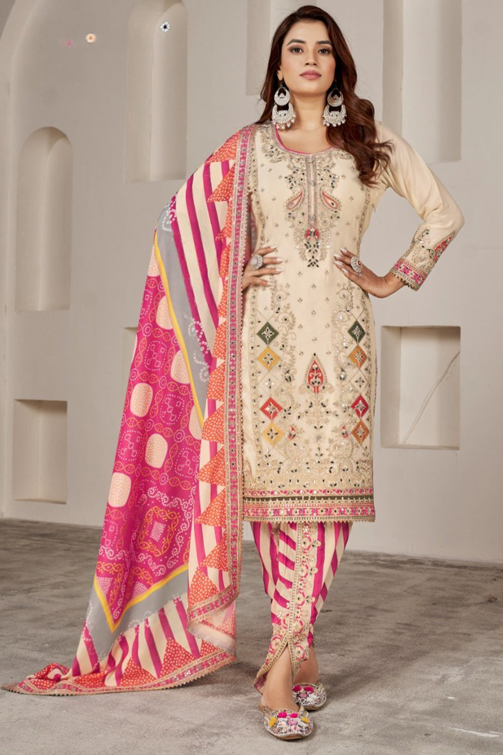 Cream-Pink Silk Suit with Zari Embroidery with Designer Dhoti Pant & Dupatta