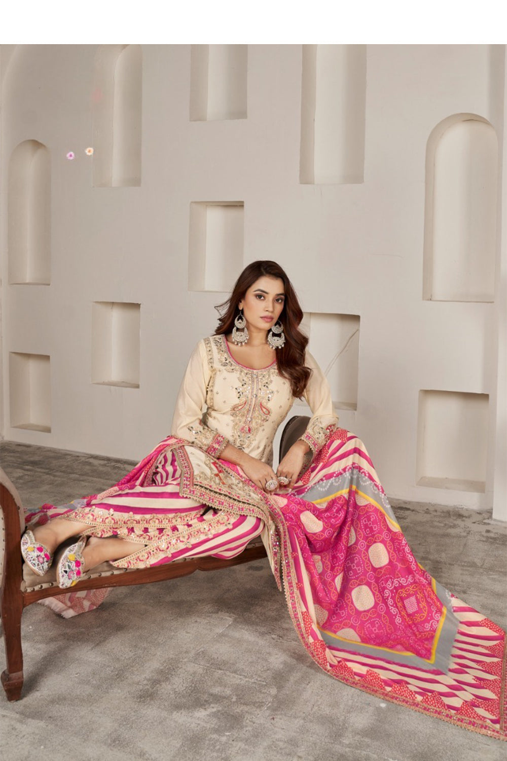 Cream-Pink Silk Suit with Zari Embroidery with Designer Dhoti Pant & Dupatta
