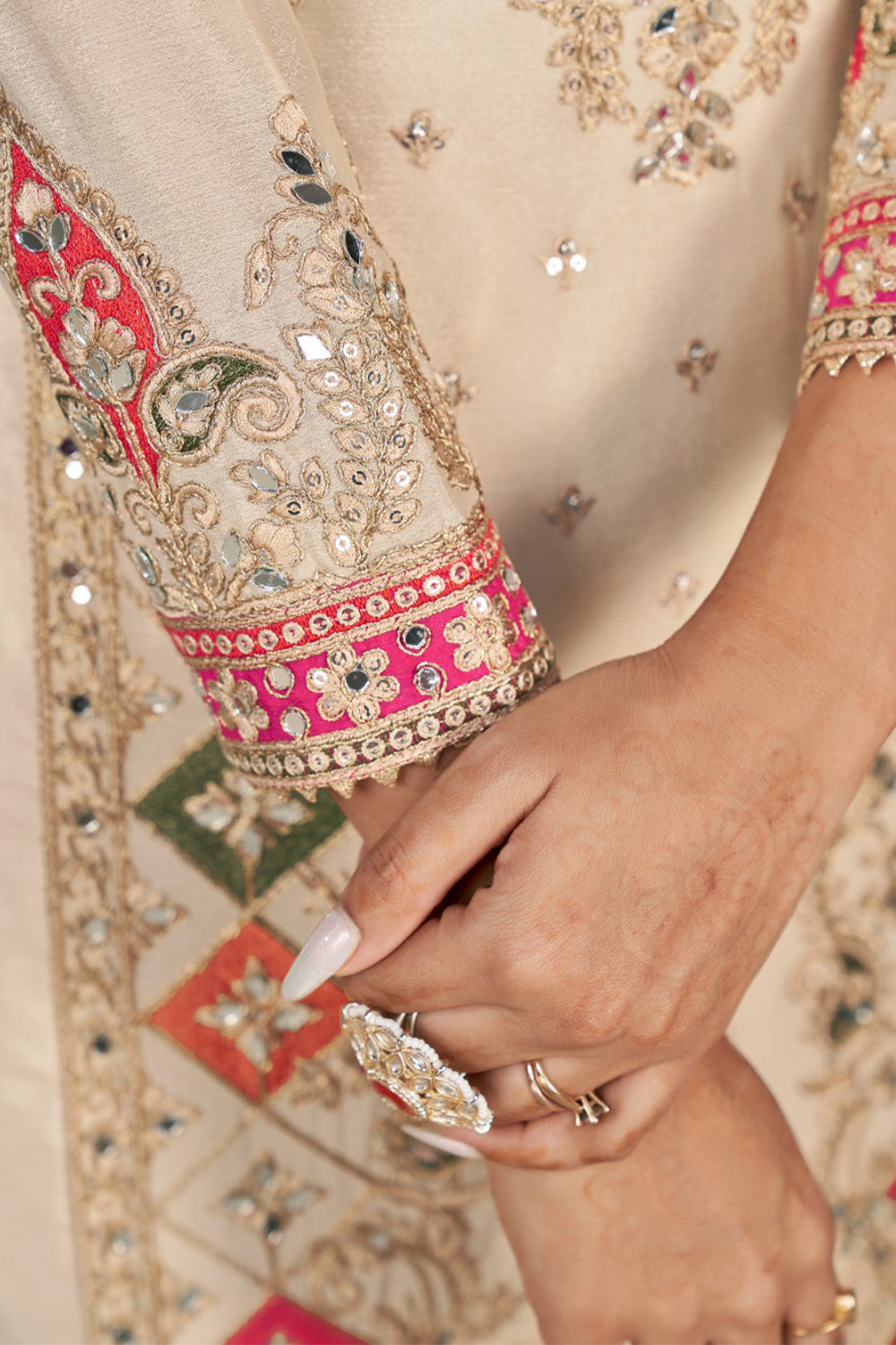 Cream-Pink Silk Suit with Zari Embroidery with Designer Dhoti Pant & Dupatta