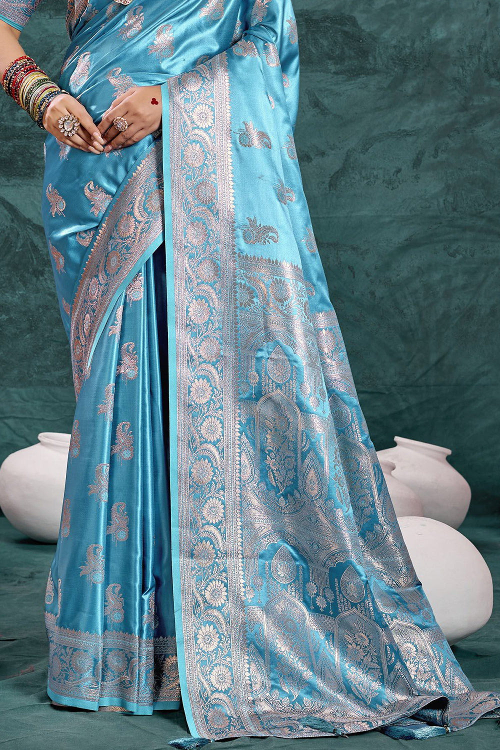 Sky Blue Banarasi Satin Silk Rich Pallu Saree with Silver Zari Weaving Detailing