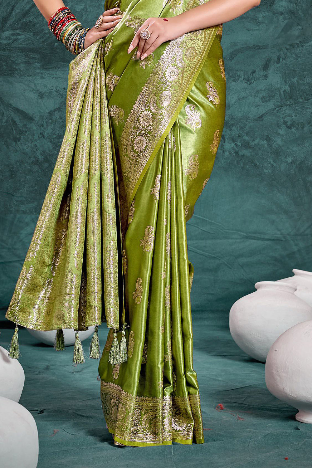 Mehendi Green Banarasi Satin Silk Rich Pallu Saree with Silver Zari Weaving Detailing