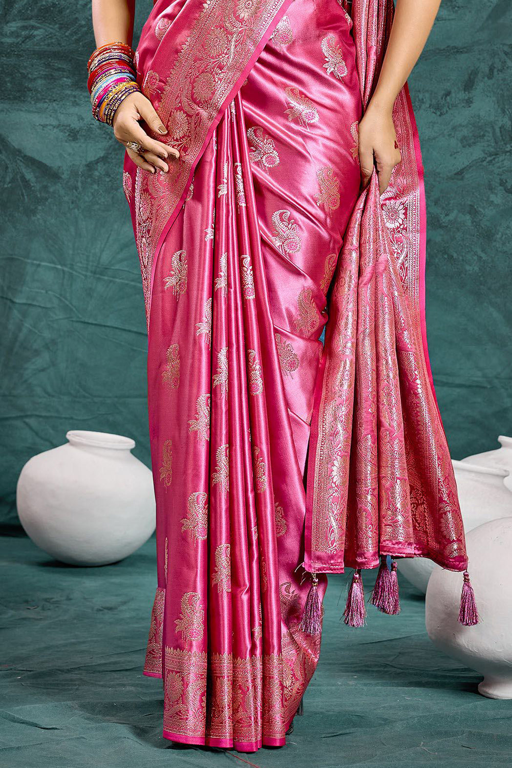 Rani Pink Banarasi Satin Silk Rich Pallu Saree with Silver Zari Weaving Detailing