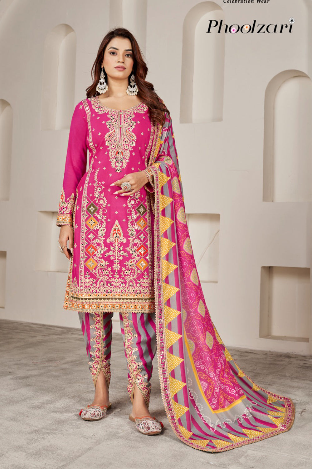 Magenta Pink Silk Suit with Zari Embroidery with Designer Dhoti Pant & Dupatta