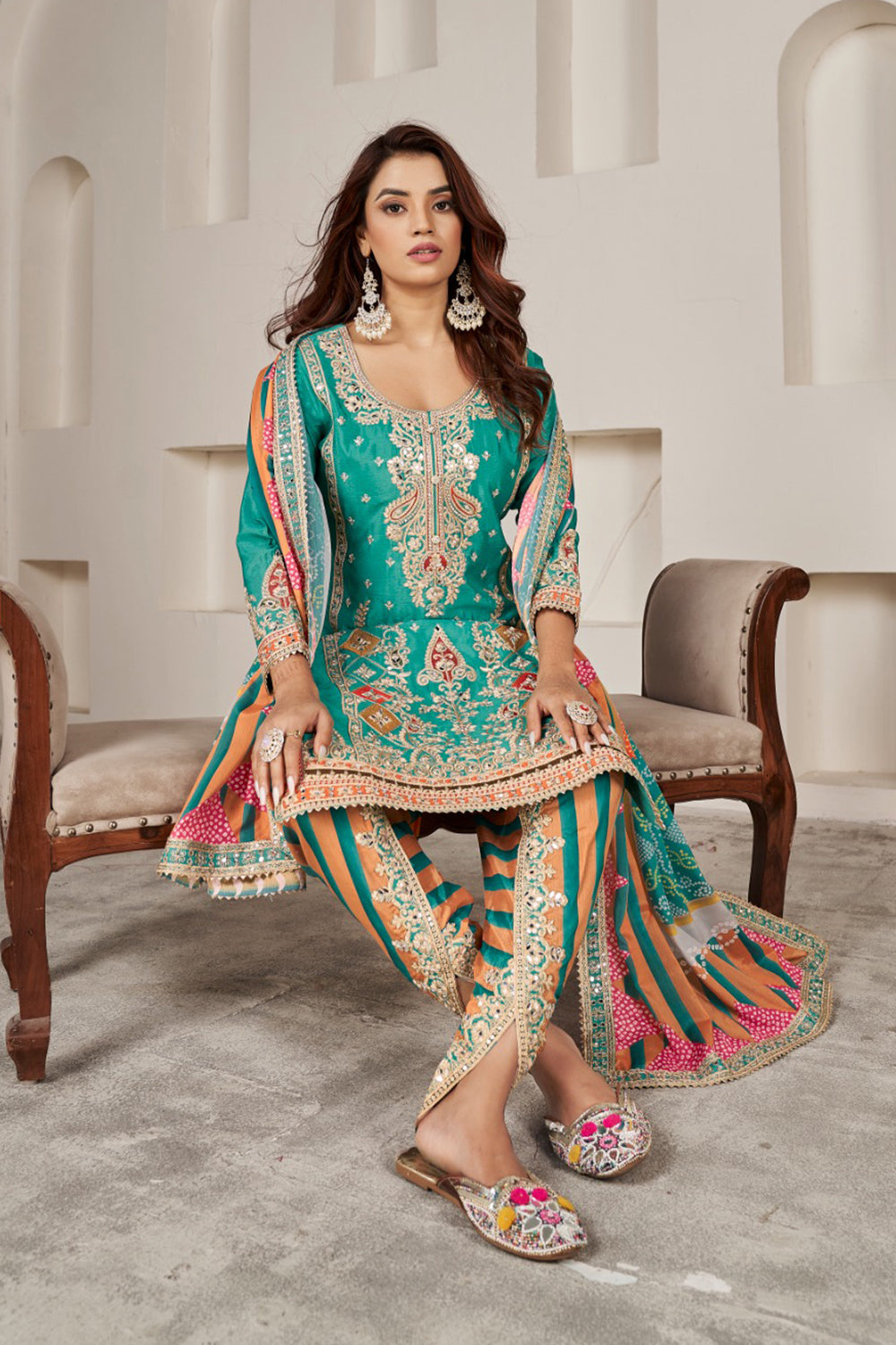 Green Silk Suit with Zari Embroidery with Designer Dhoti Pant & Dupatta