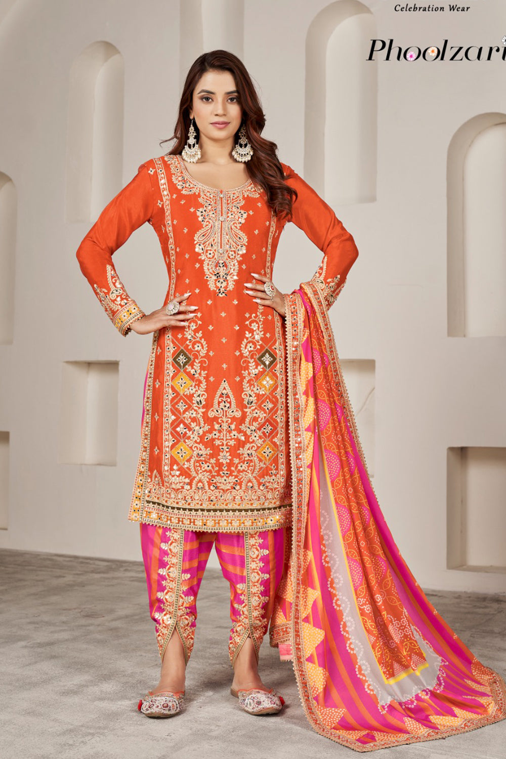 Orange Silk Suit with Zari Embroidery with Designer Dhoti Pant & Dupatta