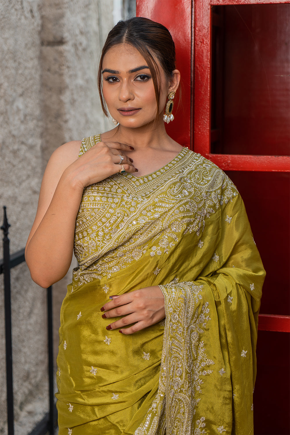 Two Blouse Concept – Rust Orange Crepe Silk Saree with Sequin and Zari Work