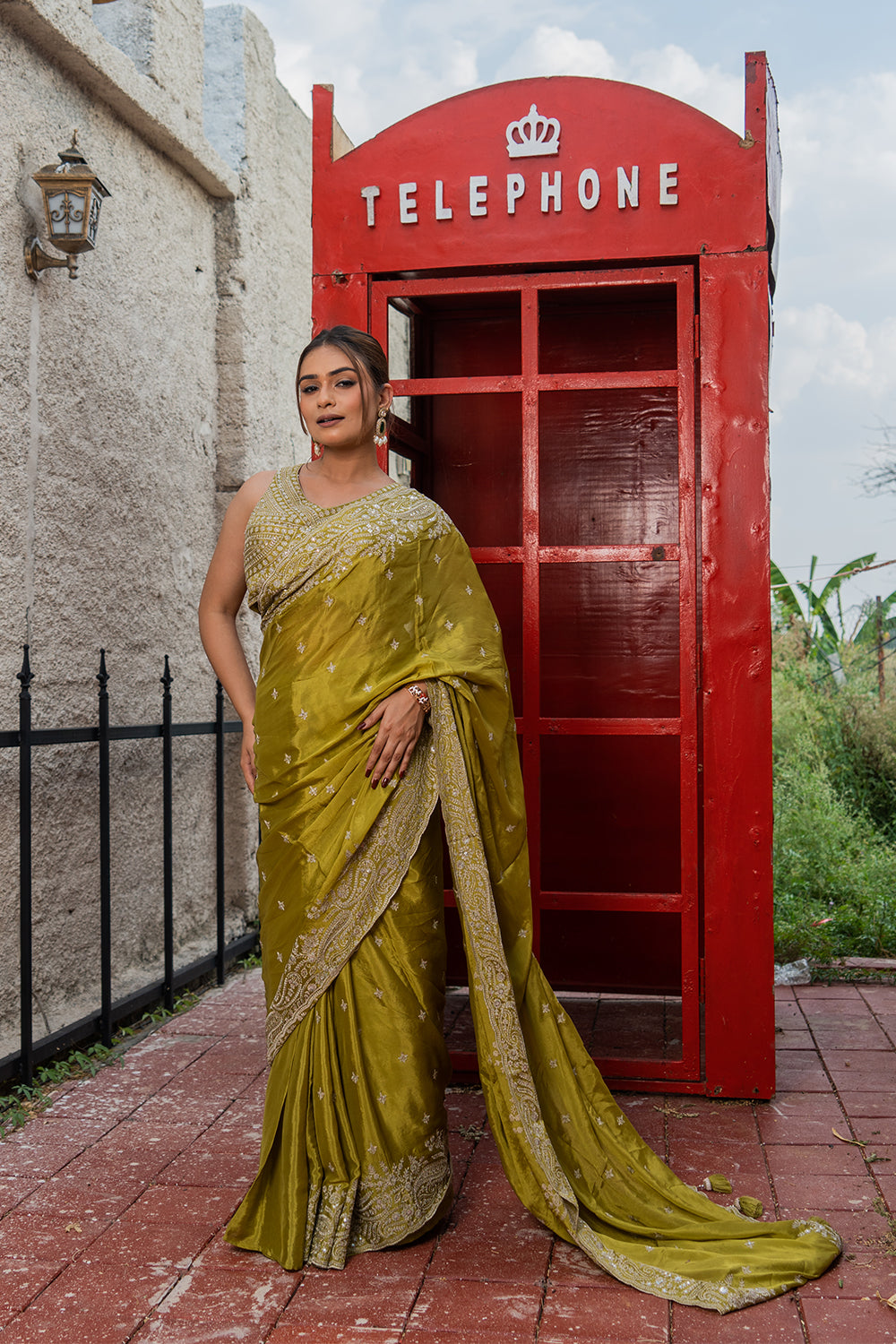 Two Blouse Concept – Mehendi Green Georgette Saree with Sequin and Zari Work
