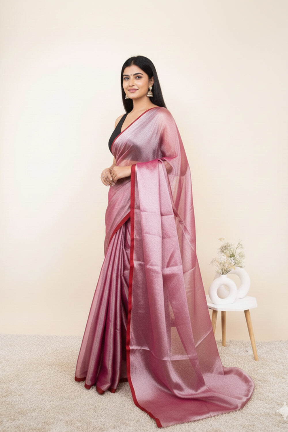 Rose Pink Khadi Cotton Tissue Saree