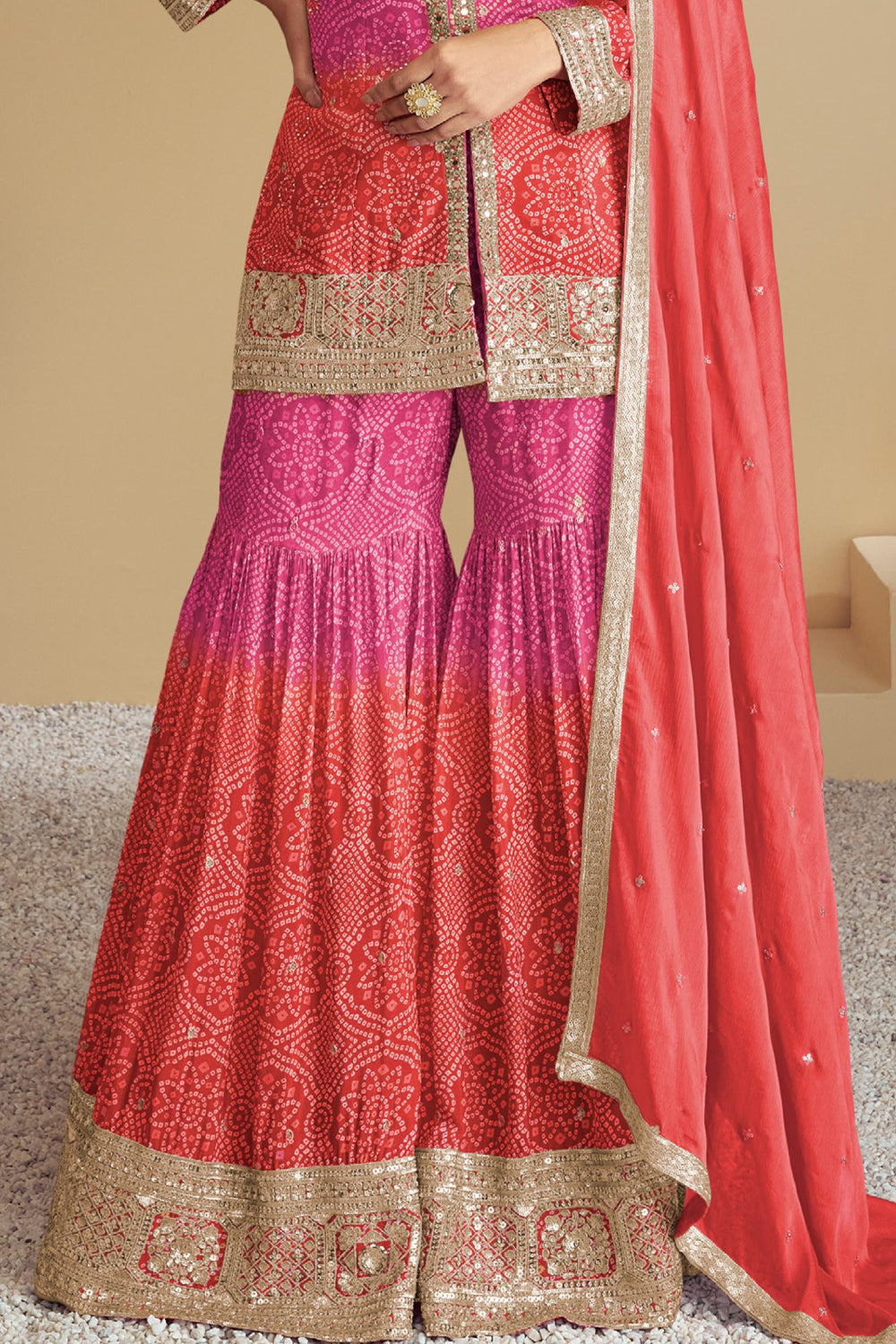 Pink-Orange Bandhani Print Sharara Silk Suit with Zari Work and Matching Dupatta
