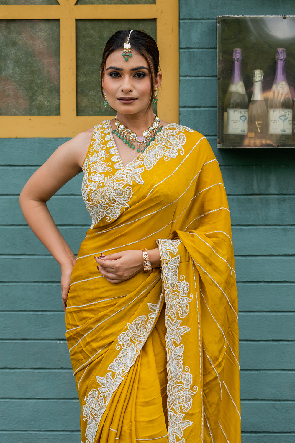 Two Blouse Concept – Marigold Yellow Designer Georgette Saree with White and Silver Embroidery