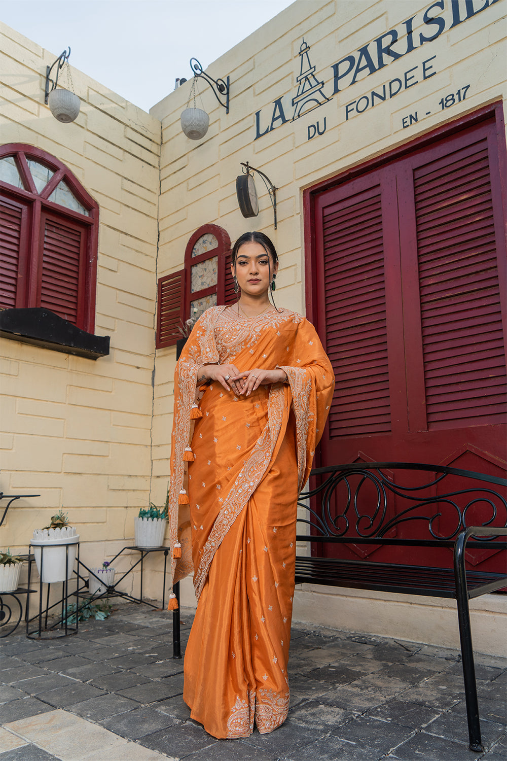 Two Blouse Concept – Rust Orange Crepe Silk Saree with Sequin and Zari Work