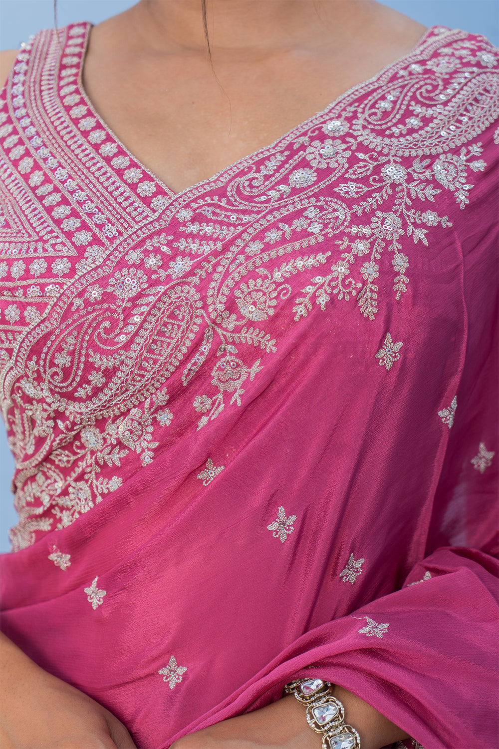Two Blouse Concept –  Rose Pink Crepe Silk Saree with Sequin and Zari Work