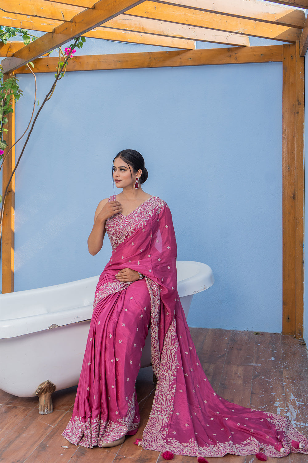 Two Blouse Concept –  Rose Pink Crepe Silk Saree with Sequin and Zari Work