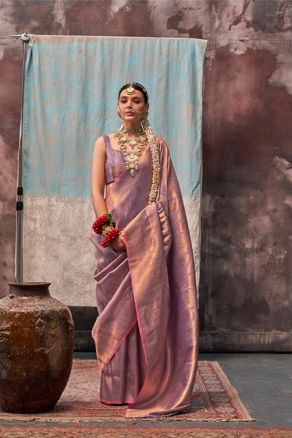 Two-Tone Peach Weaving Silk Saree with Contrast Selvage Border