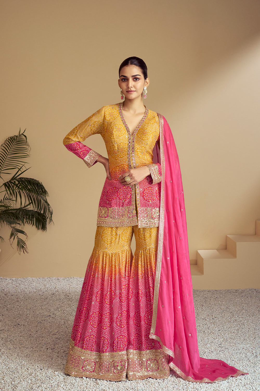 Pink-Orange Bandhani Print Sharara Silk Suit with Zari Work and Matching Dupatta