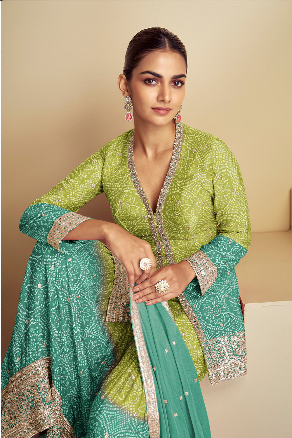 Green Bandhani Print Sharara Silk Suit with Zari Work and Matching Dupatta
