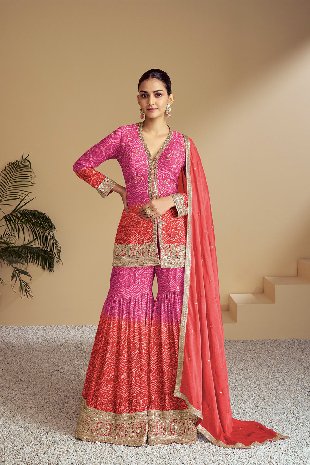 Green Bandhani Print Sharara Silk Suit with Zari Work and Matching Dupatta
