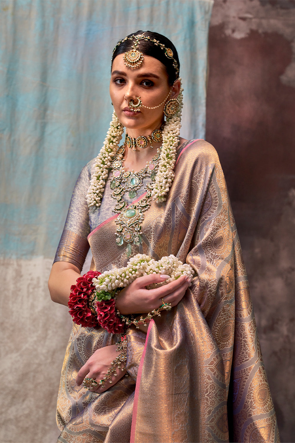 Two-Tone Peach Purple Handloom Weaving Silk Saree with Contrast Selvage Border