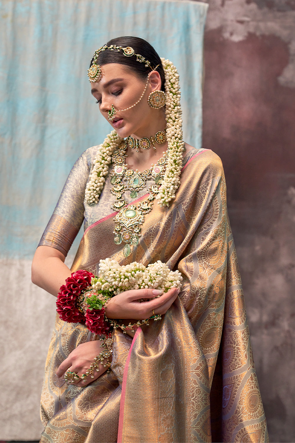 Two-Tone Peach Purple Handloom Weaving Silk Saree with Contrast Selvage Border