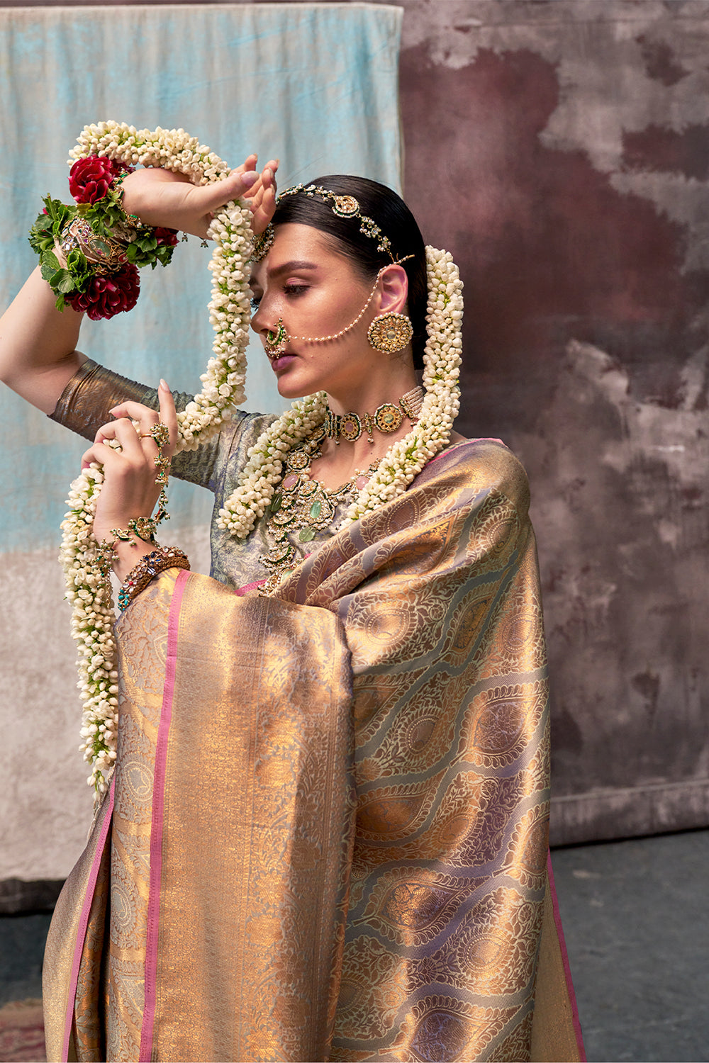 Two-Tone Peach Purple Handloom Weaving Silk Saree with Contrast Selvage Border