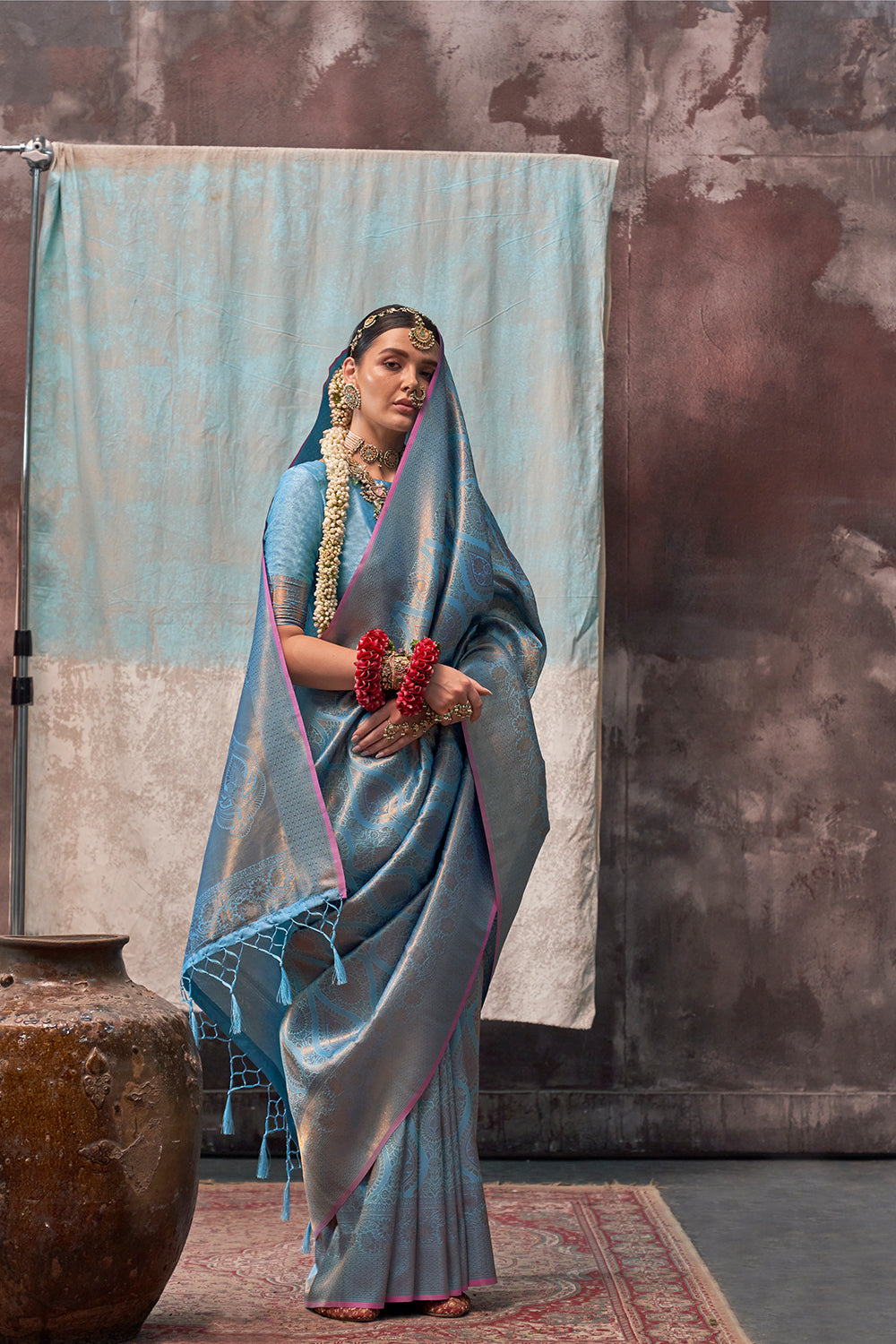 Two-Tone Blue Weaving Silk Saree with Contrast Selvage Border