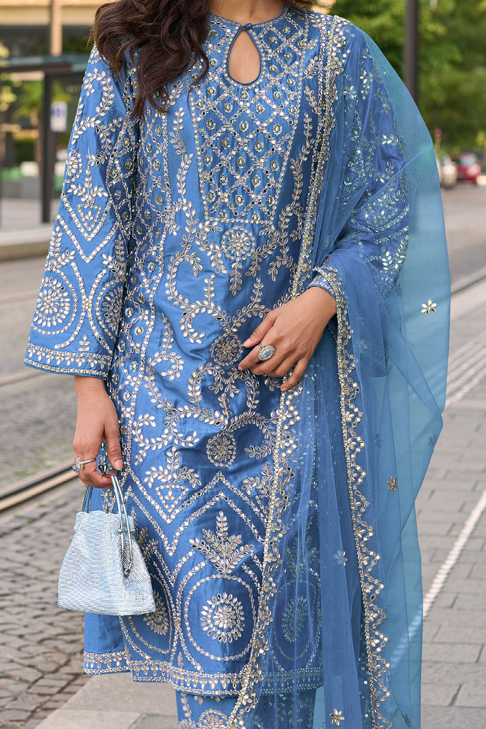 Sky Blue Silk Kurta Suit with Golden Zari Embroidery with Designer Pant & Embroidered Dupatta