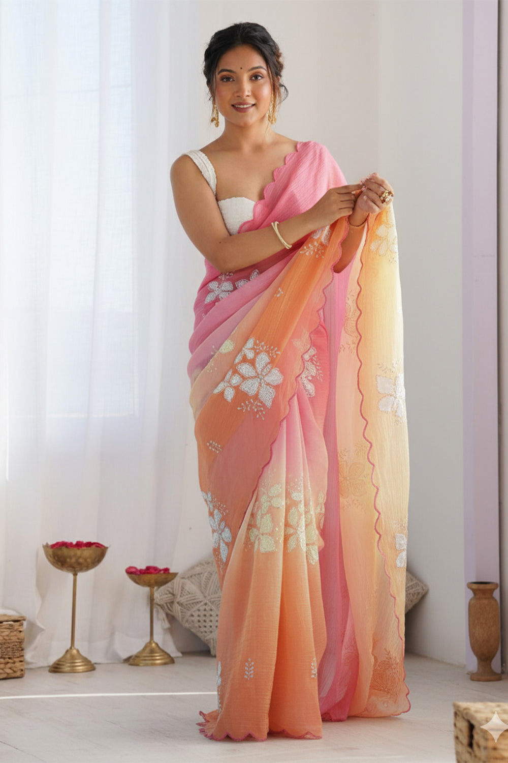 Green Magenta Pastel Shaded Chinon Silk Saree with Sequin Embroidery & Khatli Border