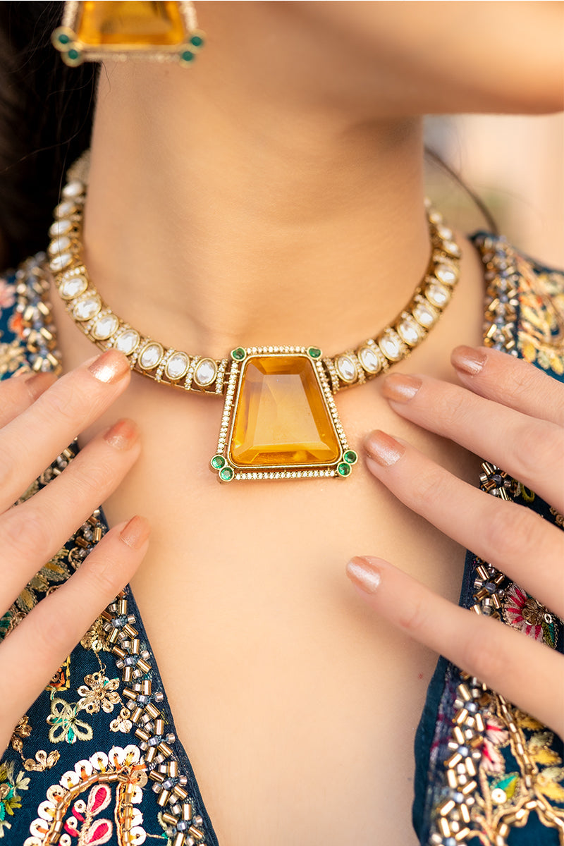 Elegant Zircon AD Necklace and Bold Yellow Stone Earrings Jewellery Set