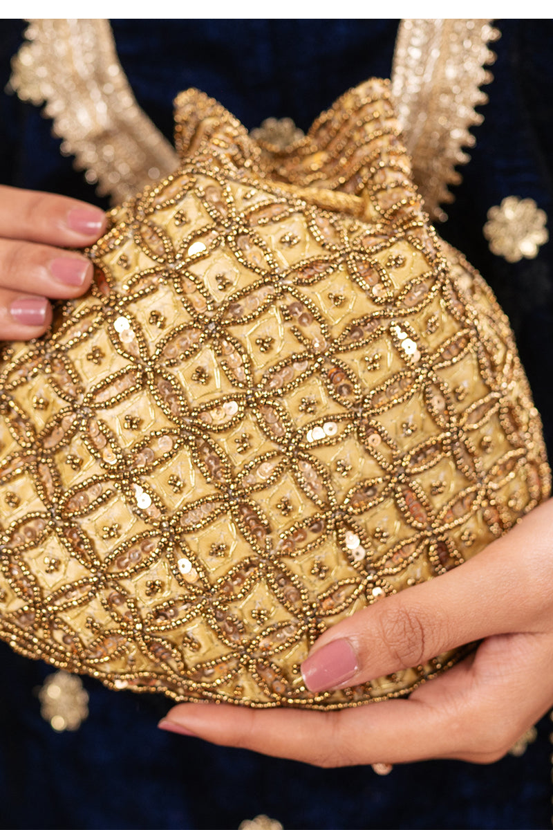 Golden Color Potli with Full Gold Pearls and Sequin Work