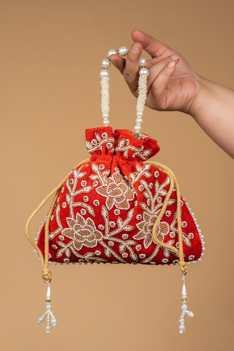 Handwork Red Pearl and Bead Potli with Pearl Handle and Velvet Base