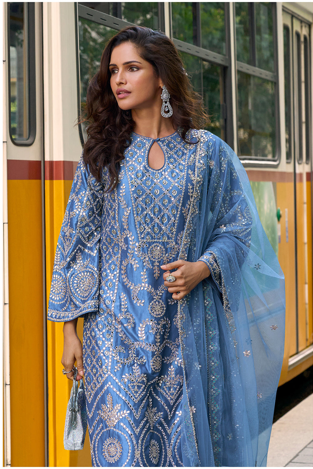 Sky Blue Silk Kurta Suit with Golden Zari Embroidery with Designer Pant & Embroidered Dupatta