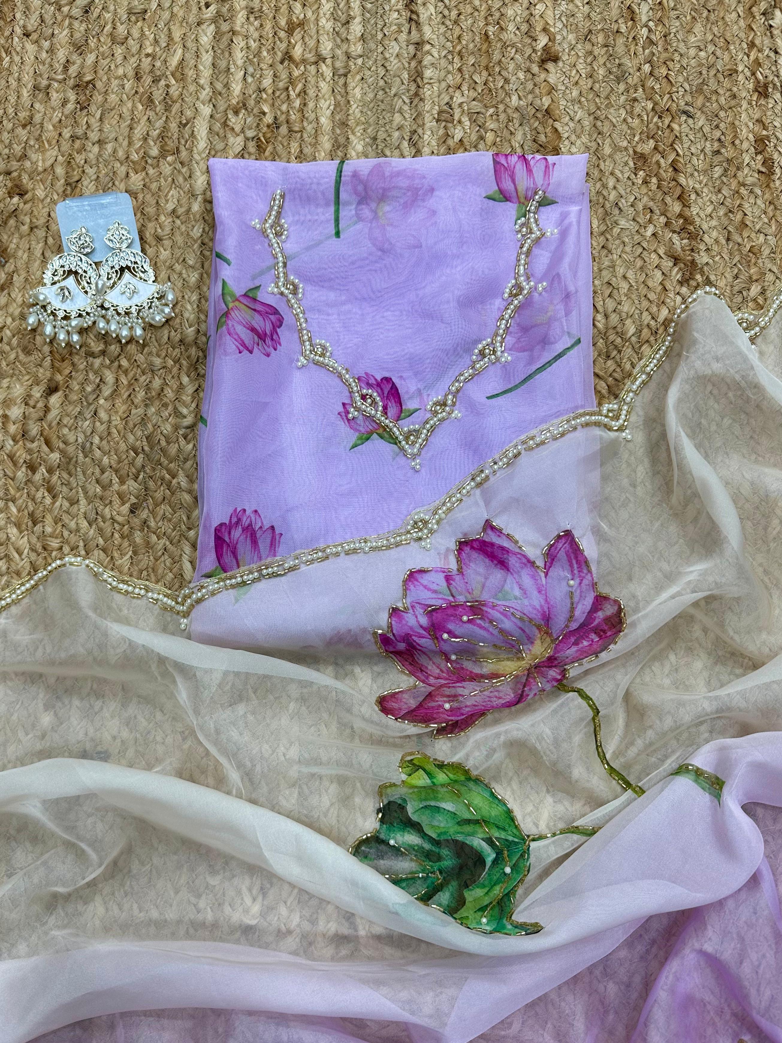 Light Purple Soft Tebi Silk Shaded Saree with Floral Digital Print & Moti Handwork Border