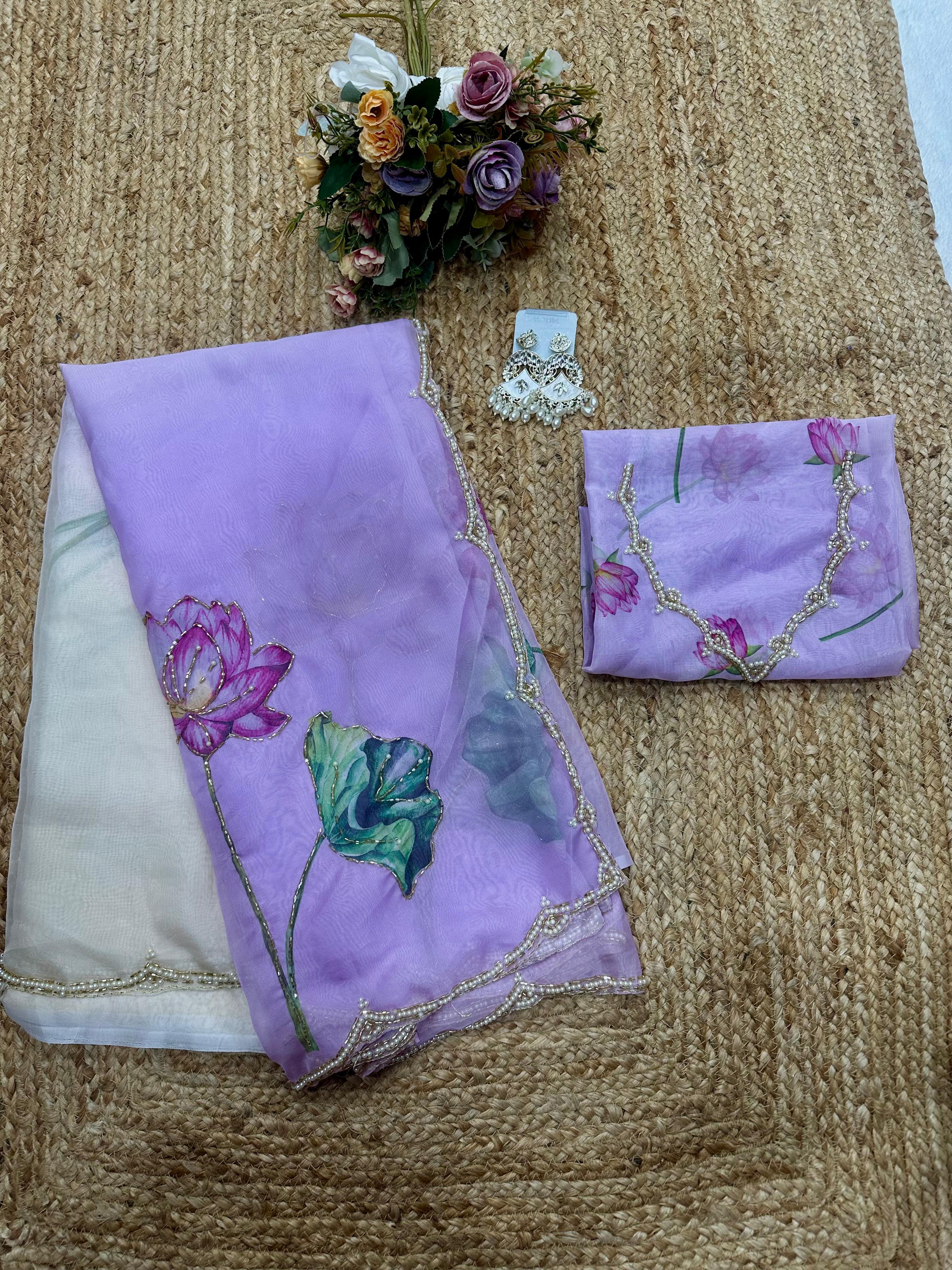 Light Purple Soft Tebi Silk Shaded Saree with Floral Digital Print & Moti Handwork Border