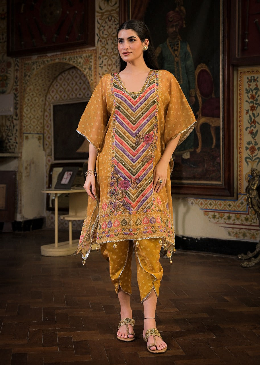 Marigold Yellow Georgette Dhoti-Pattern Cord Set Suit with Zari Work