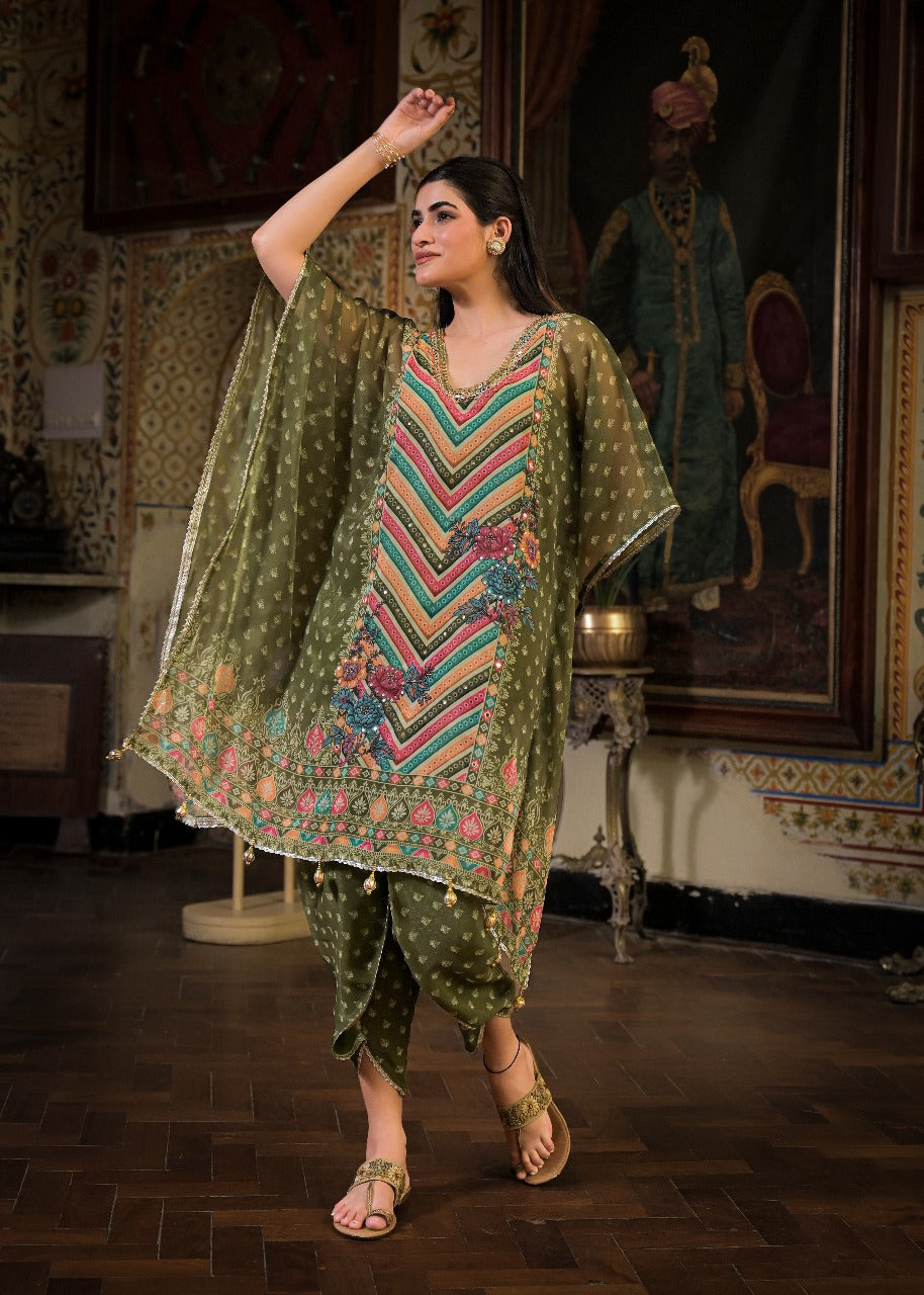 Mehndi Green Georgette Dhoti-Pattern Cord Set Suit with Zari Work