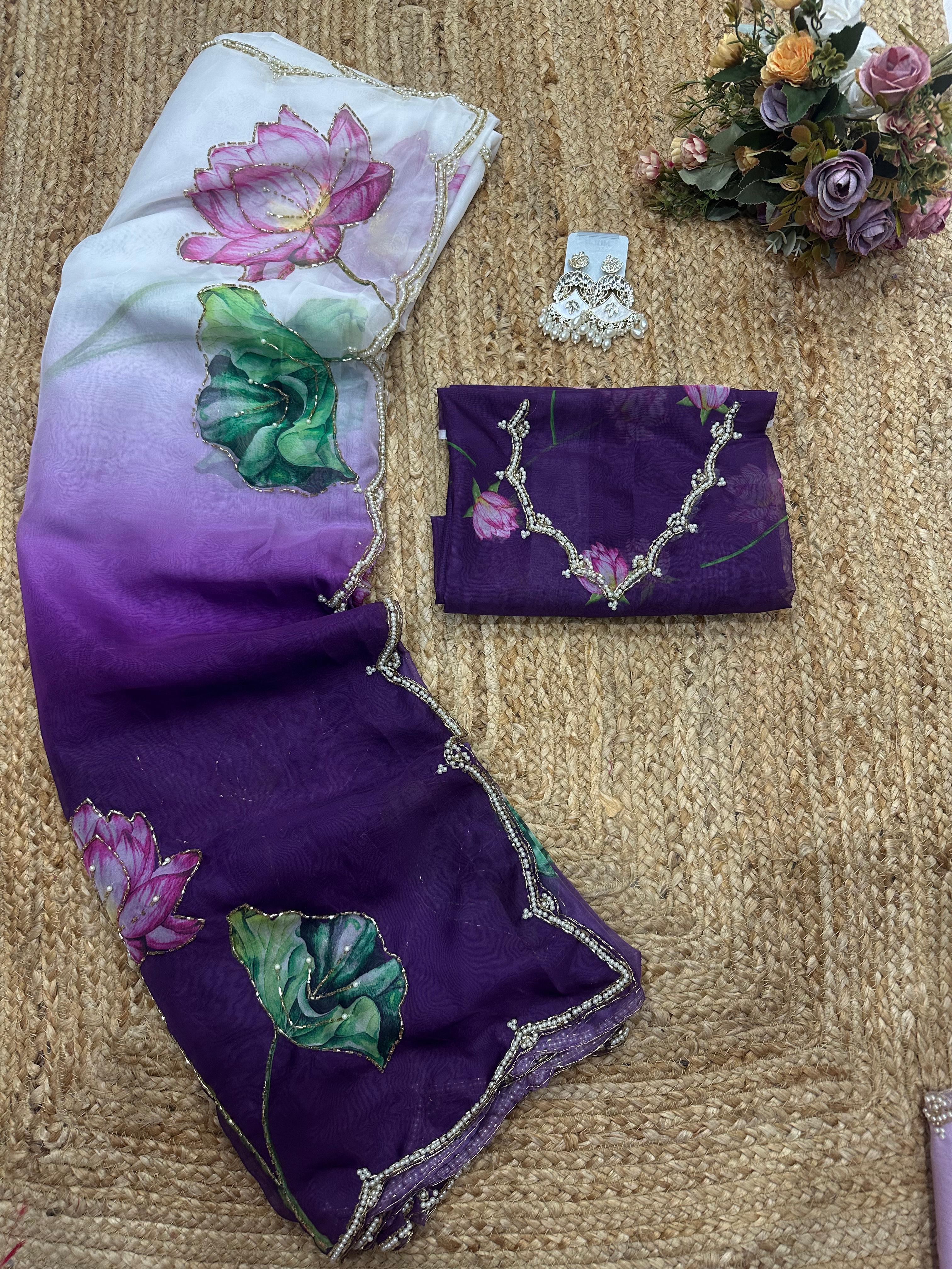 Dark Purple Tebi Twin Silk Saree with Floral Digital Print & Moti Handwork Border