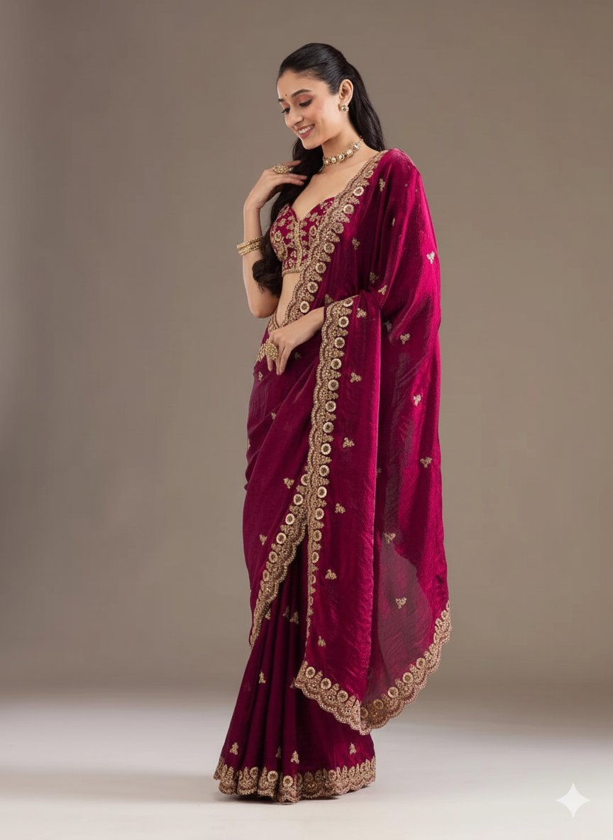 Wine Red Crepe Silk Saree with Zari Embroidery Work - Mayrake.in