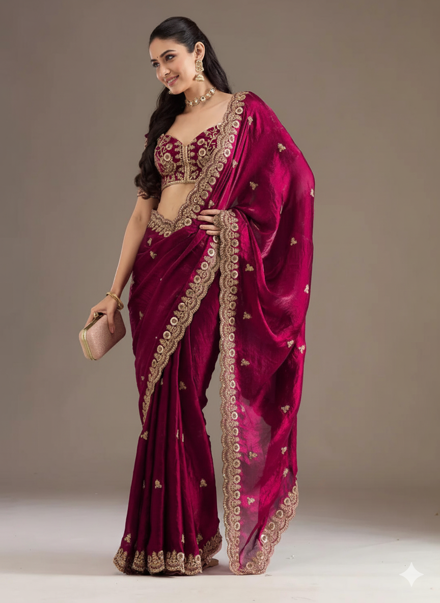 Wine Red Crepe Silk Saree with Zari Embroidery Work - Mayrake.in