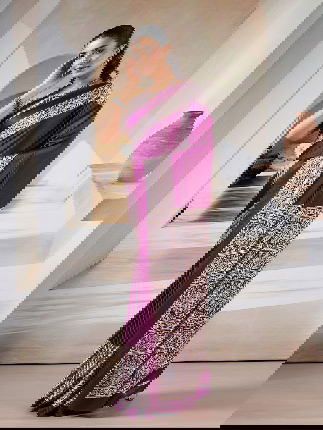 Wine Red Pure Satin Modal Silk Saree with Ajrakh Print - Mayrake.in