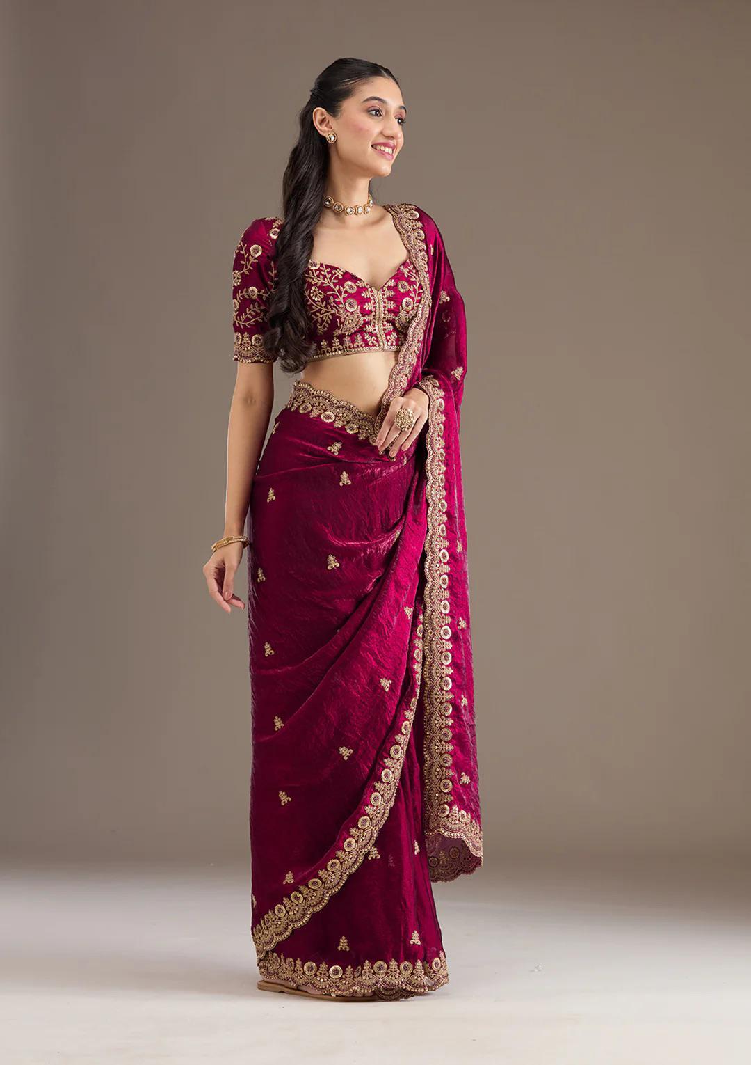 Wine Red Royal Shine Silk Saree with Beautiful Embroidery Work - Mayrake.in