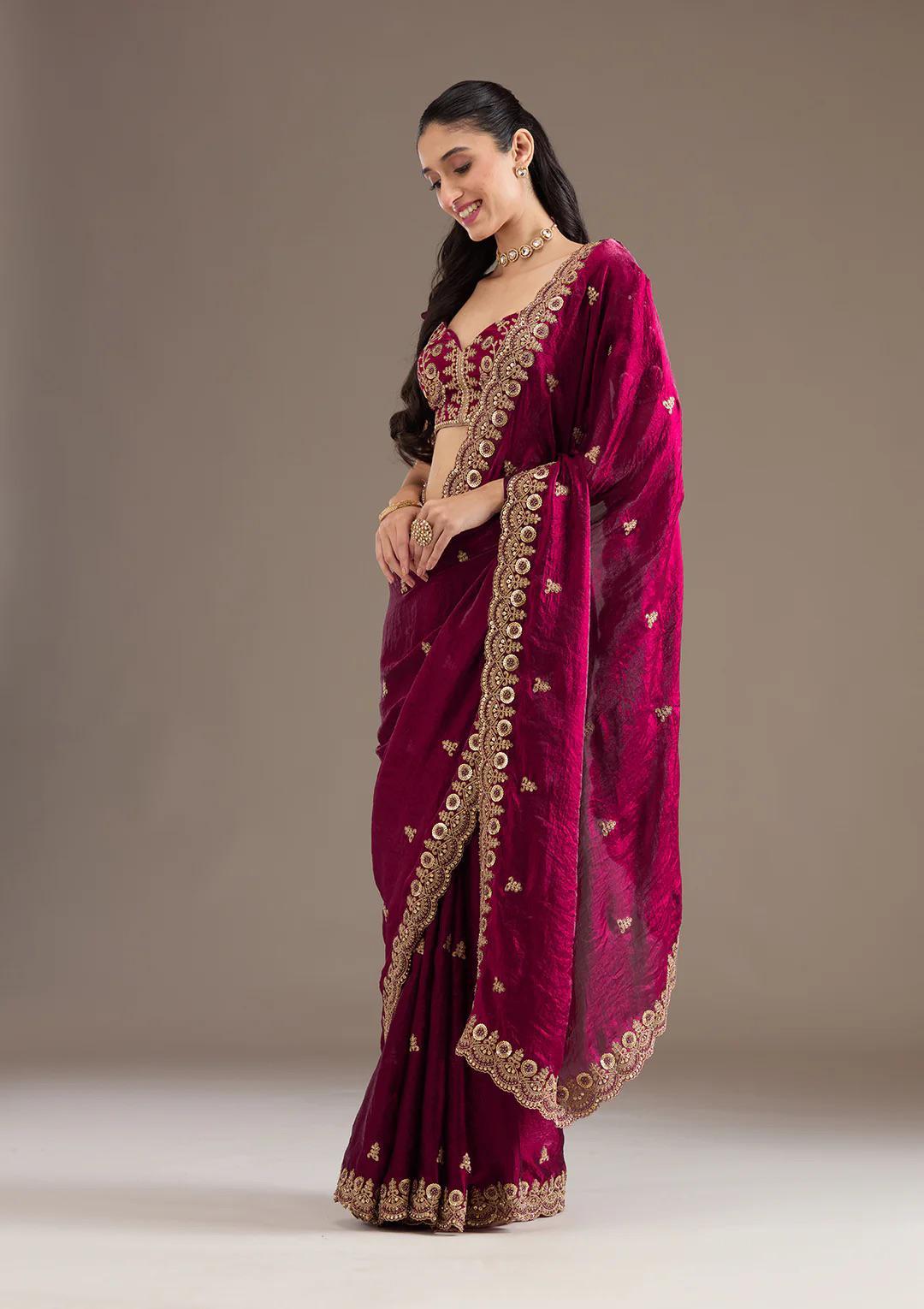 Wine Red Royal Shine Silk Saree with Beautiful Embroidery Work - Mayrake.in