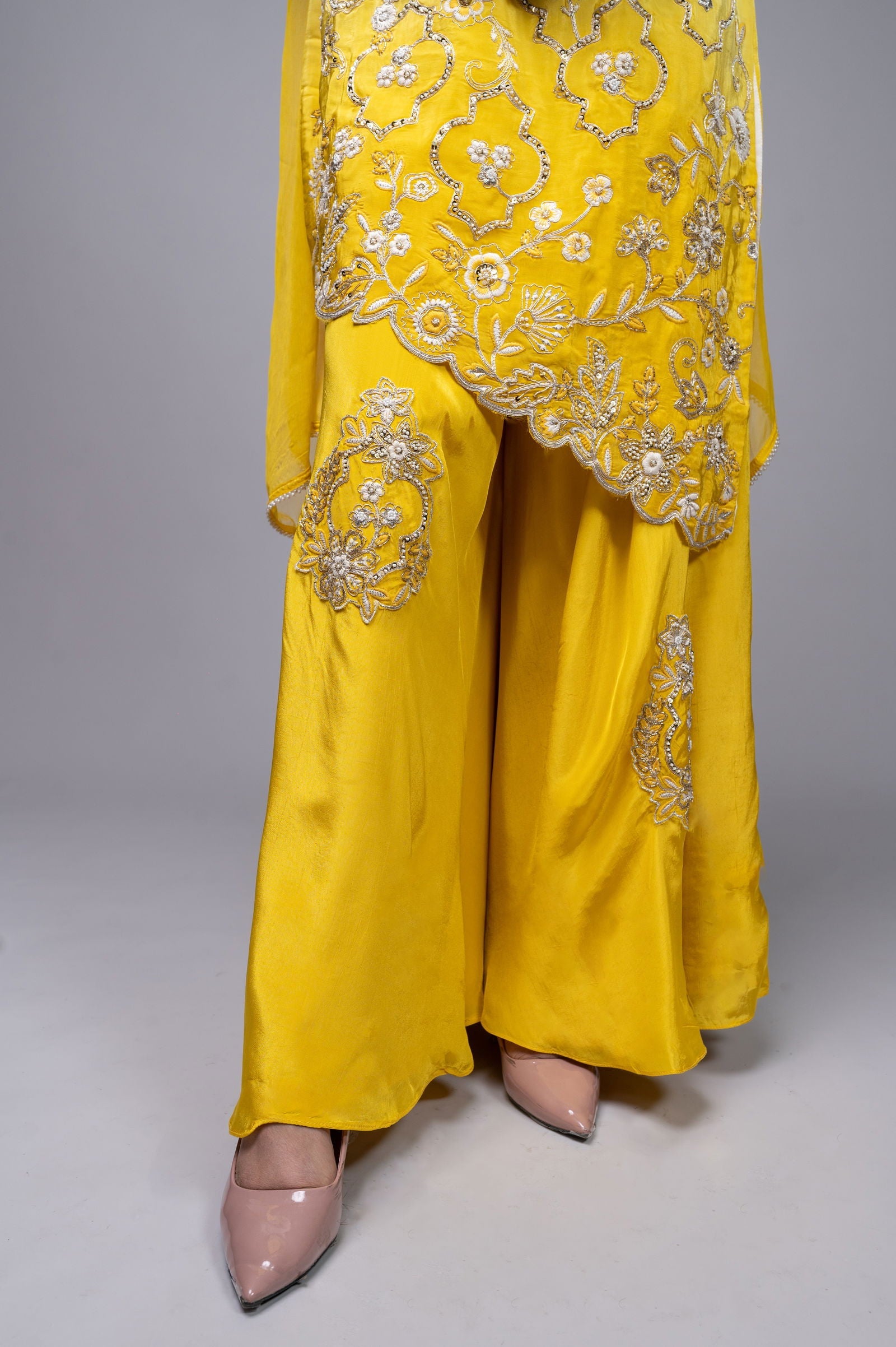 Yellow-Ivory Cream Shaded Crepe Palazzo Suit with Pearl Embroidered Work - Mayrake.in