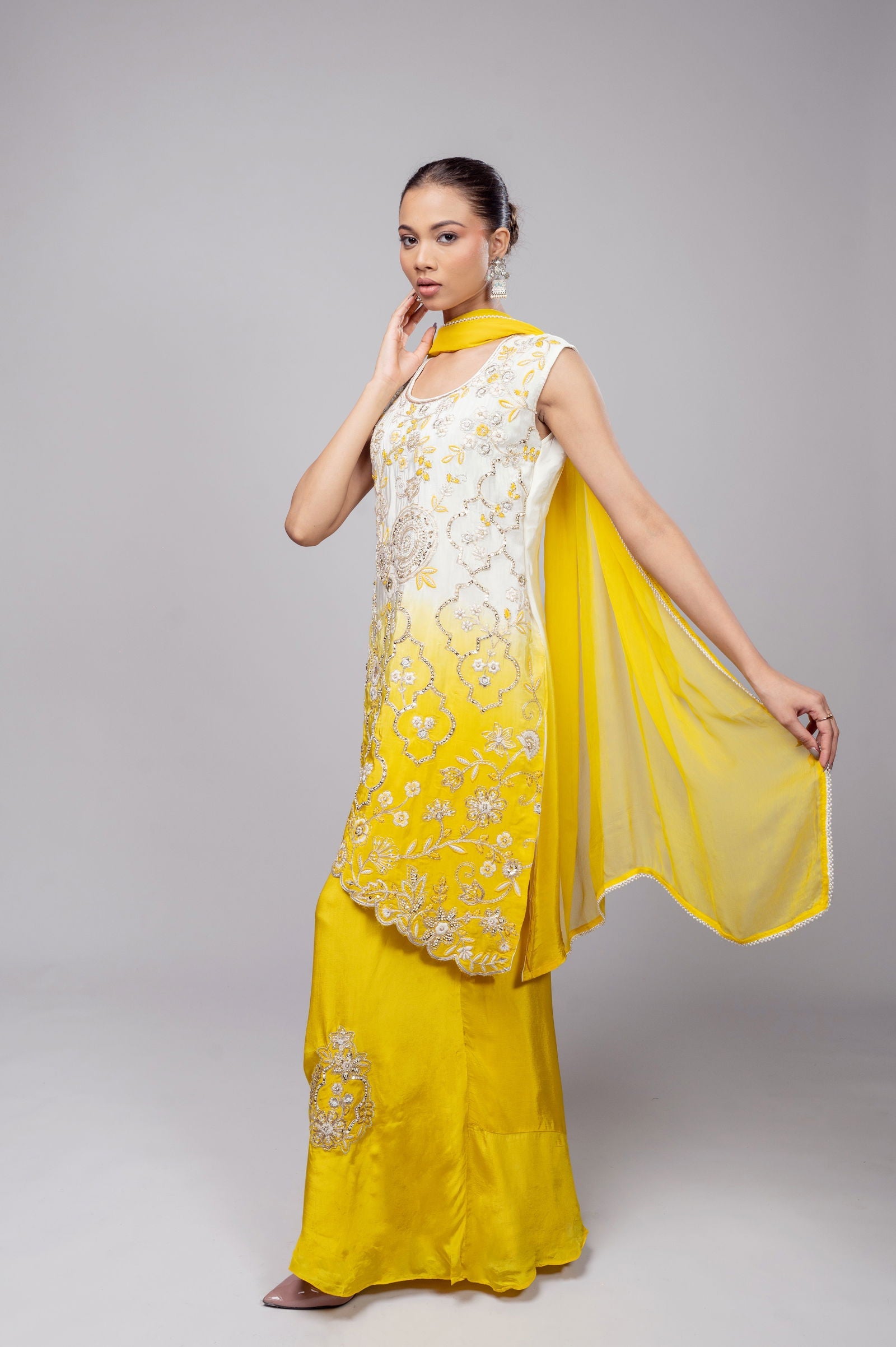 Yellow-Ivory Cream Shaded Crepe Palazzo Suit with Pearl Embroidered Work - Mayrake.in
