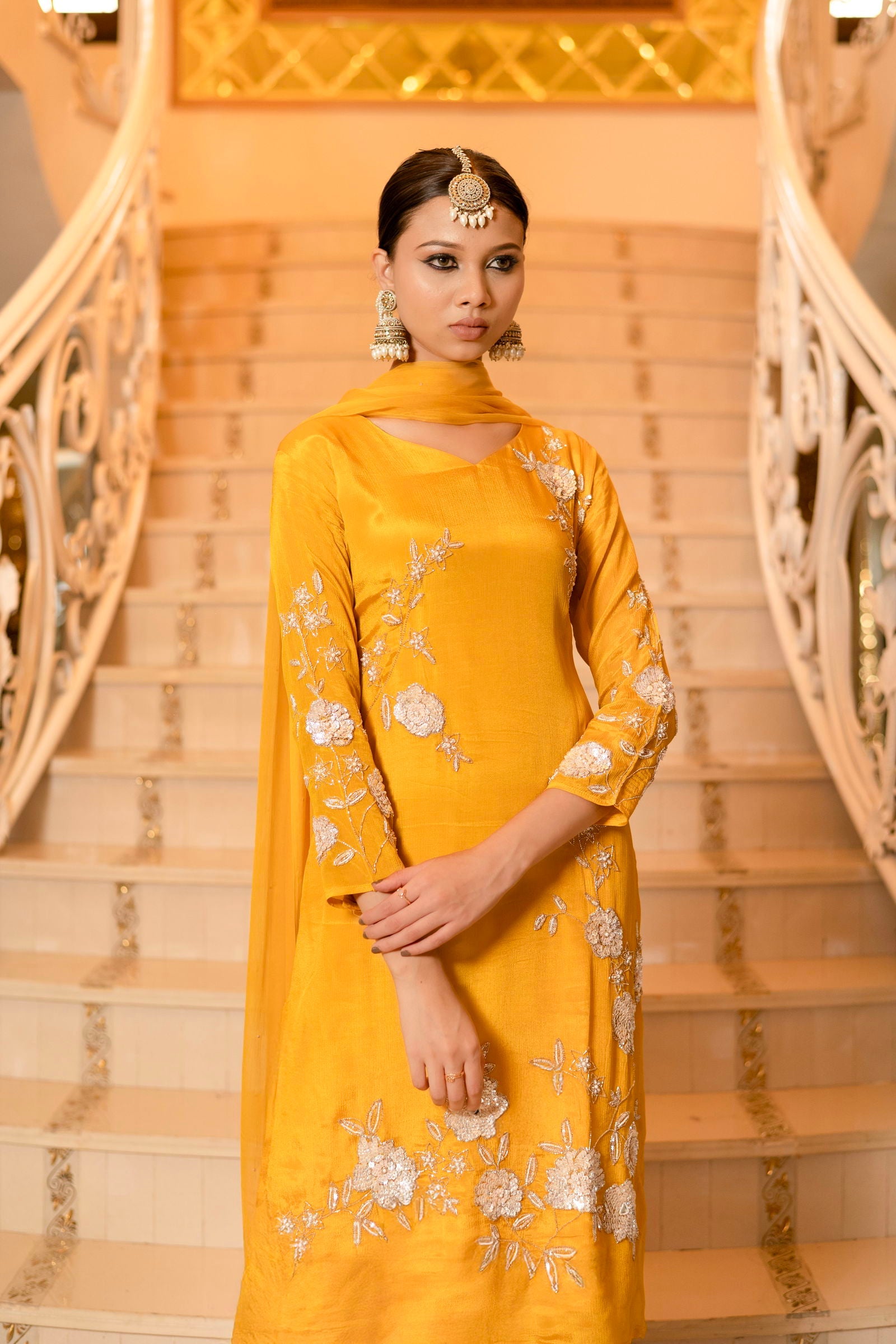 Yellow Chiffon Hand Embriodered Kurta with Palazzo Set - Mayrake.in